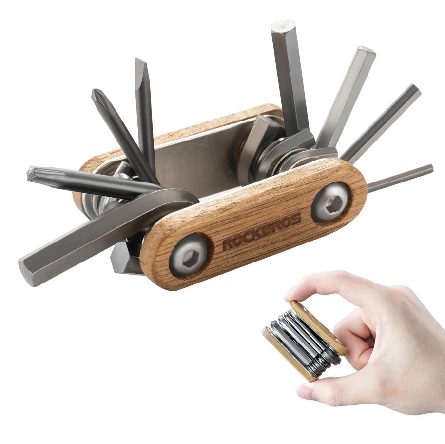ROCKBROS Herramienta Multifunción 8 en 1 para Bicicleta – Compacta y plegable, con llave Allen, destornillador de cruz/plano y más. Ideal para viaje, reparaciones en ruta, bikepacking, MTB & CARRETERA. Resistente, ligero y siempre a mano