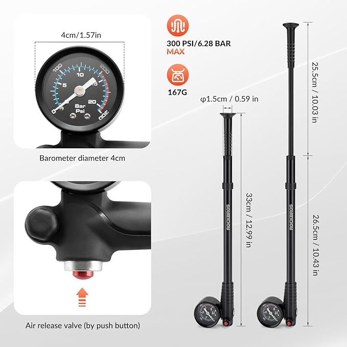 ROCKBROS bomba de aire para horquilla, ruedas y amortiguador, bomba de aire de alta presión de 300 PSI con manómetro, bomba de amortiguador compatible con válvulas Schrader y Presta para bicicletas de montaña y de carretera