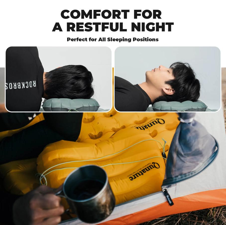 ROCKBROS Qunature cojín de camping ultraligero y inflable 70G 20D nylon Ripstop para senderismo y escalada al aire libre soporte ergonómico para la nuca núcleo de aire estable