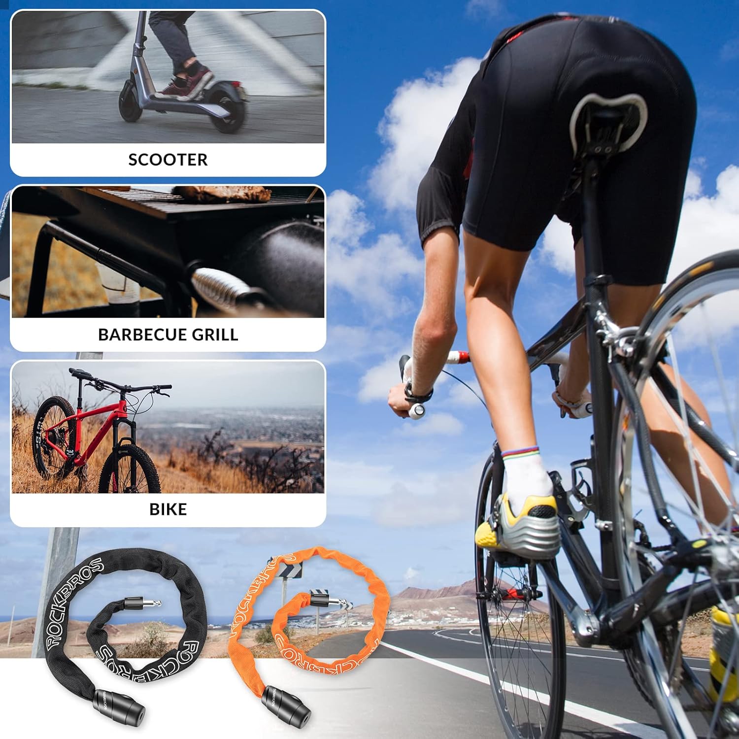 ROCKBROS Cerradura de Bicicleta 95cm/15.61mm Cerradura de Bicicleta Cadena Nivel de Seguridad Alta con 2 Llaves Cubierta Impermeable para Bicicleta, Motocicleta, Bicicleta Eléctrica