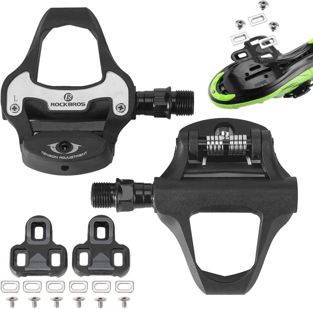 ROCKBROS pedales de carretera compatibles con sistema Look KEO, pedales de clic con tacos a 4.5°, plataforma de pedal de plástico de construcción ligera, tensión ajustable, eje de CrMo, para carretera & competición
