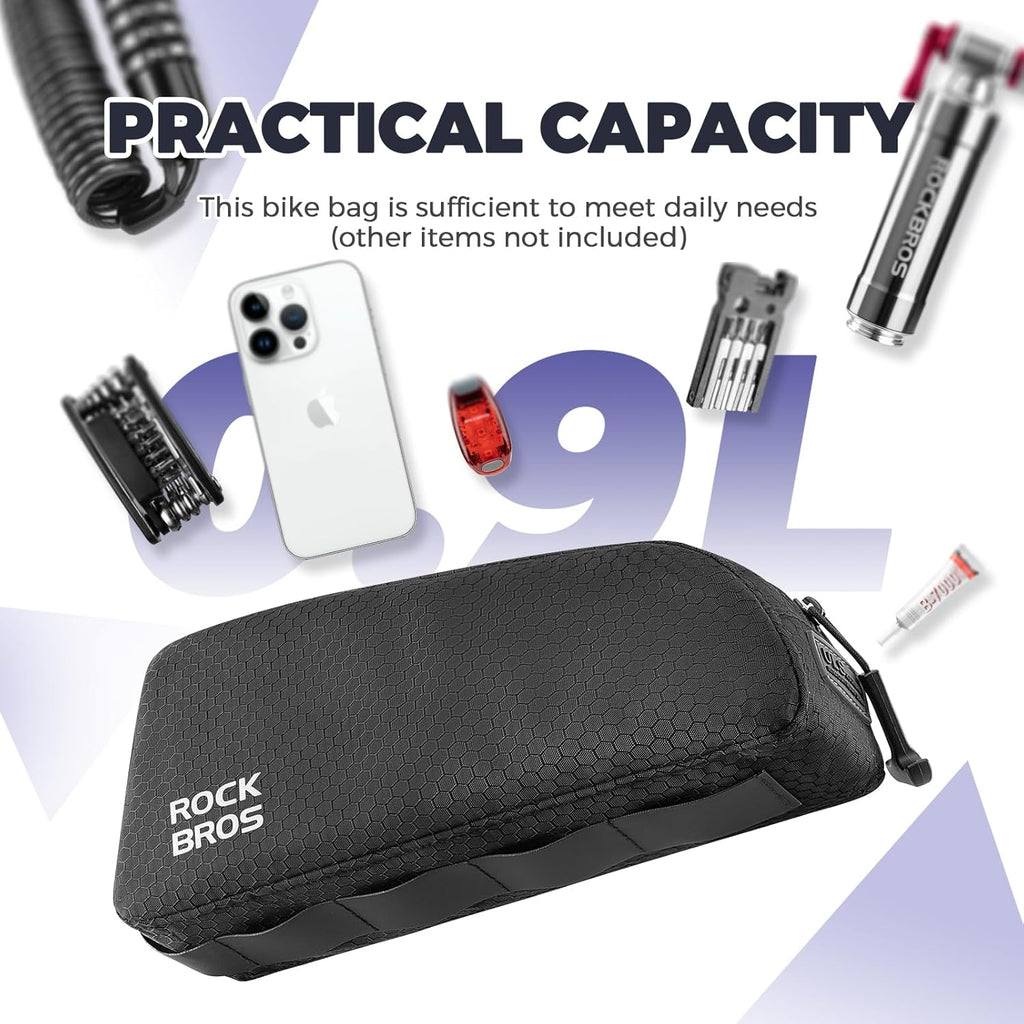ROCKBROS Bolsa de Bicicleta para Marco Impermeable 0.9L Negro Resistente de Nylon con Rayas de Alta Reflexión para MTB y Uso Diario