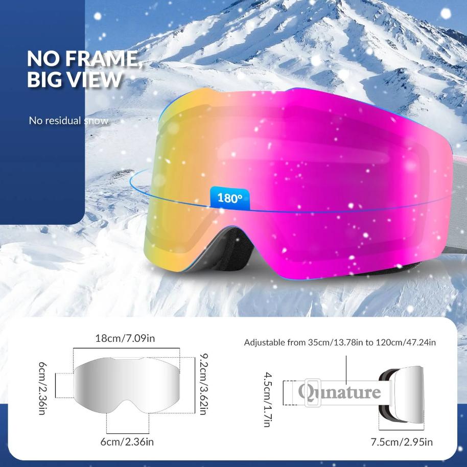 ROCKBROS Qunature UV400 gafas de esquí antivaho sin montura con visión panorámica, recubrimiento HD antirreflejos, acolchado de espuma cómodo, correa ajustable, negro, rosa-verde, rosa pasa montañas