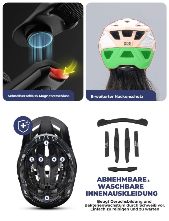 ROCKBROS casco de bicicleta certificado CE con 16 aberturas de aire y sistema de ventilación, protección contra impactos certificada, visera amplia, forro interior desmontable, ajustable para jóvenes y adultos