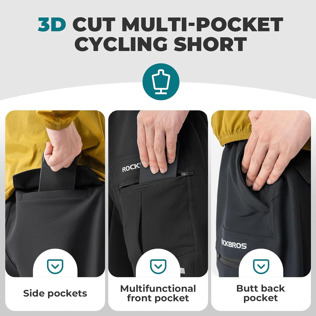 Pantalón de ciclismo ROCKBROS para hombre con acolchado y almohadilla de asiento, pantalón de bicicleta 4D, versión corta desmontable, de secado rápido, apto para ciclismo en carretera, MTB y actividades al aire libre