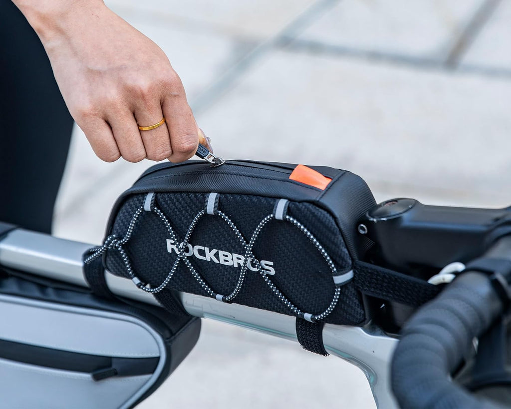 ROCKBROS Bolsa de Bicicleta Impermeable Manillar Superior Bolsa de Bicicleta Negro 1L con 3 Cierres de Velcro Ajustables y Elemento Reflectante 210D Poliéster para Bicicleta