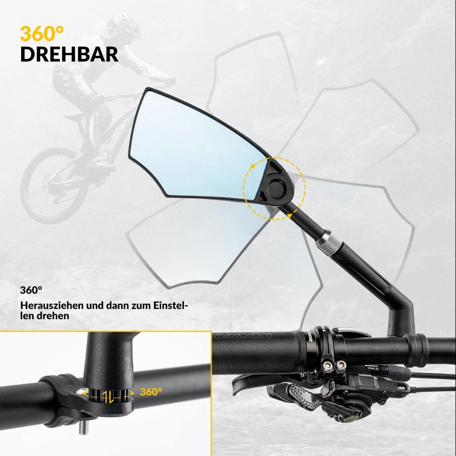 Espejo de bicicleta ROCKBROS, espejo retrovisor giratorio 360°, plegable para manillar (20–23 mm), visión HD, seguridad, diseño anti deslumbramiento, resistente a explosiones, material PA, diseño anti deslumbramiento para viajes nocturnos