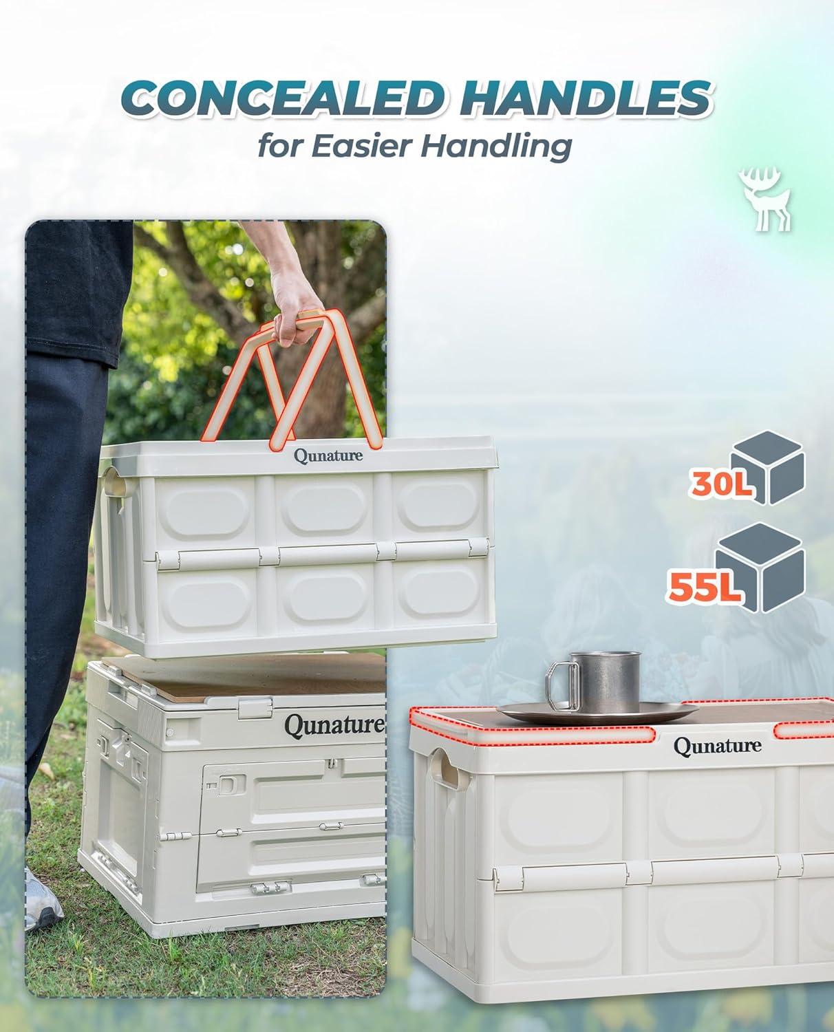 ROCKBROS Qunature caja de camping con tapa 60 L, contenedor de almacenaje plegable de PP para camping al aire libre, viajes, familia, maletero del coche, multifuncional y apilable, 2 tamaños, alta capacidad de carga, puertas cerrables, tabla de cortar ext