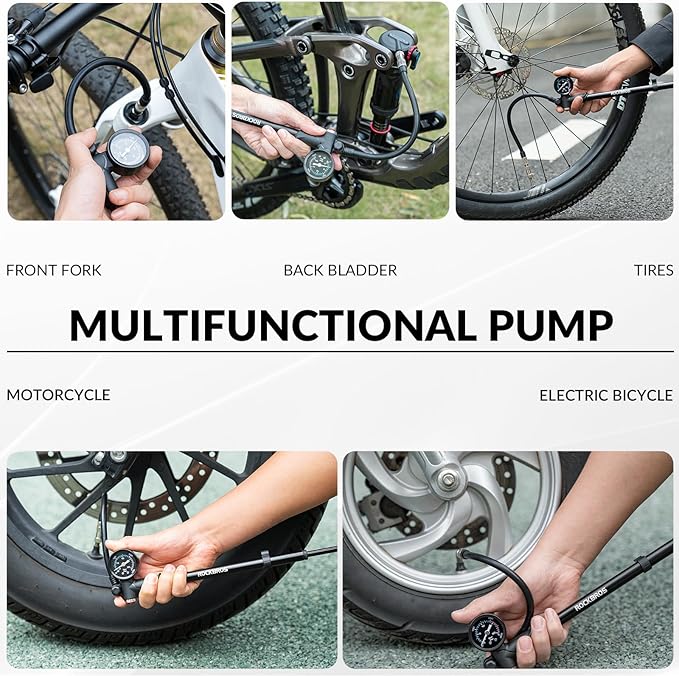 ROCKBROS bomba de aire para horquilla, ruedas y amortiguador, bomba de aire de alta presión de 300 PSI con manómetro, bomba de amortiguador compatible con válvulas Schrader y Presta para bicicletas de montaña y de carretera