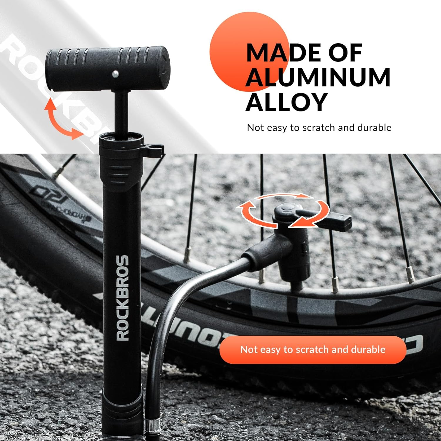 ROCKBROS Bomba de aire para bicicleta 120 PSI con manómetro, portátil y ligera, mini bomba de bicicleta con mango giratorio para válvulas Presta y Schrader