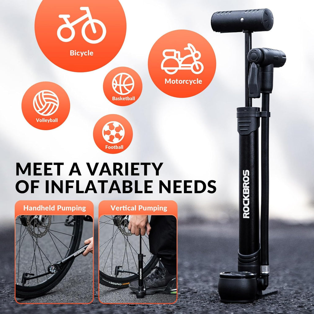 ROCKBROS Bomba de aire para bicicleta 120 PSI con manómetro, portátil y ligera, mini bomba de bicicleta con mango giratorio para válvulas Presta y Schrader