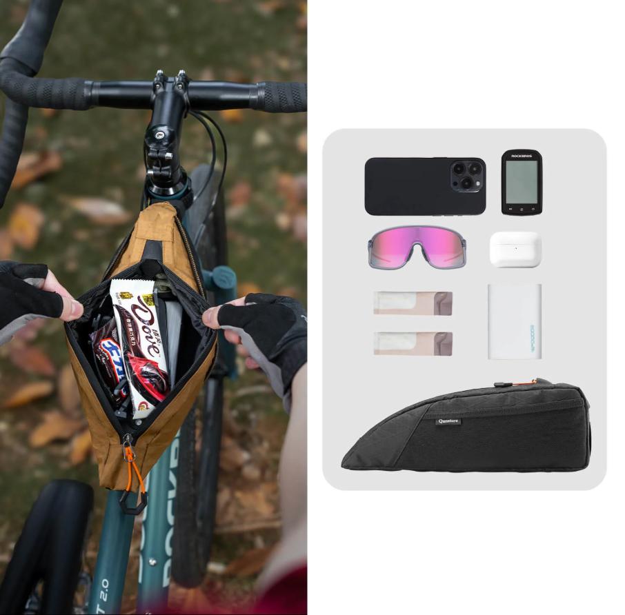 ROCKBROS Bolsa de tija superior para bicicletas gravel y de carretera, diseño espacioso con batería externa de 20.000 mAh, compartimento elástico de malla para herramientas y snacks