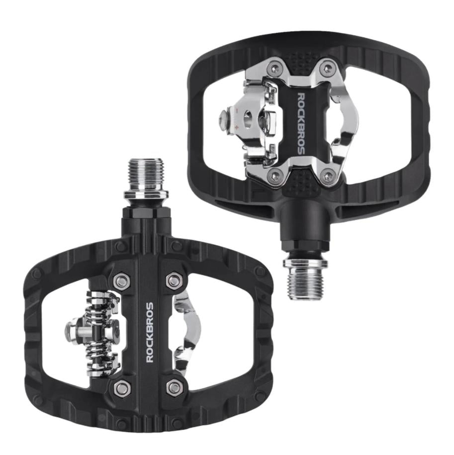 RockBros Pedal de Bicicleta de Montaña SPD Clipless Pedal y Pedal Plano 2 en 1 Incluye Tacos 9/16" con Plataforma Ancha y Pins Antideslizantes para Máxima Seguridad y Comodidad