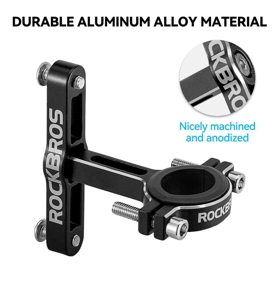 ROCKBROS soporte de botella universal para bicicleta, aleación de aluminio de alta calidad, giratorio a 90°, incluye almohadilla adaptador y goma, compatible con diámetros de 21–31,8 mm, adaptador para bicicleta y motocicleta