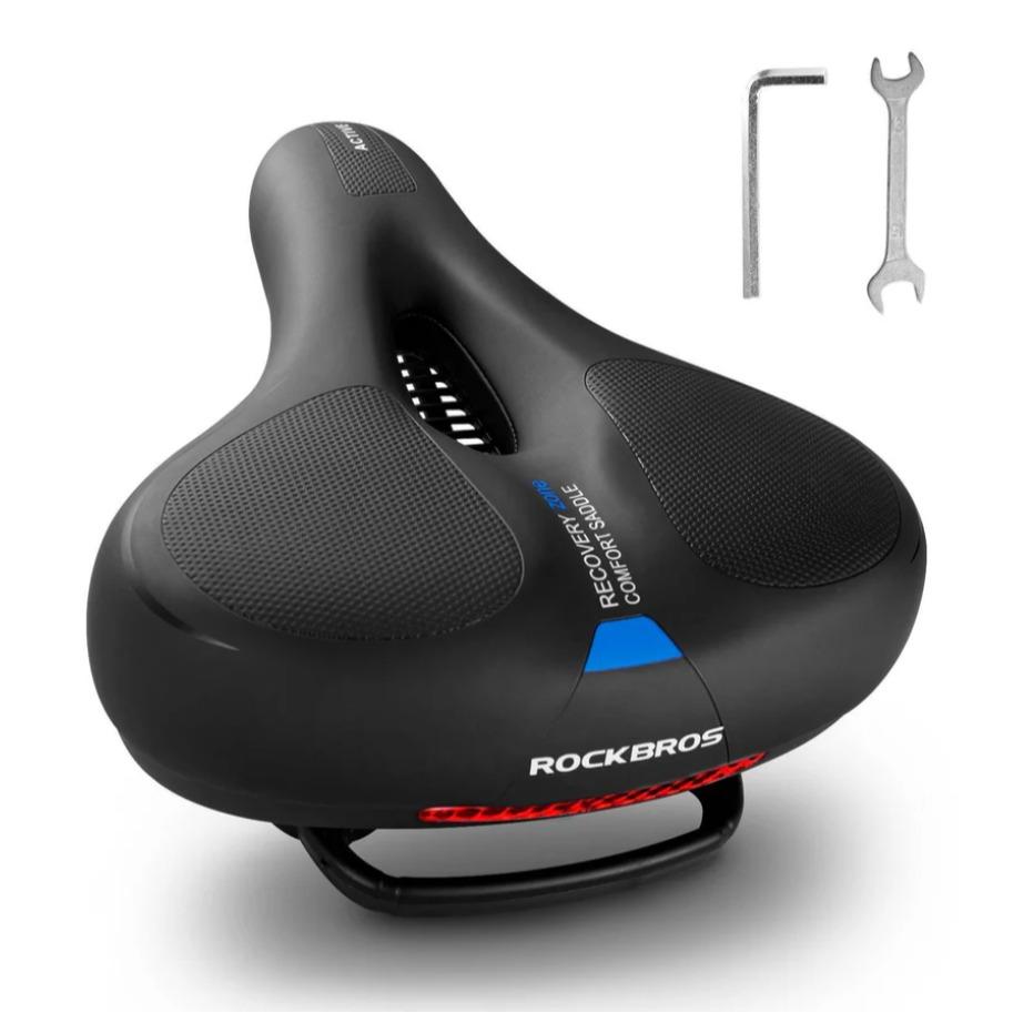 ROCKBROS sillín de espuma viscoelástica anti dolor para bicicleta, 26 x 22 cm, cuero PU impermeable y espuma viscoelástica transpirable y antideslizante, máximo confort para MTB, bicicleta de carretera y e‑bike, diseño reflectante