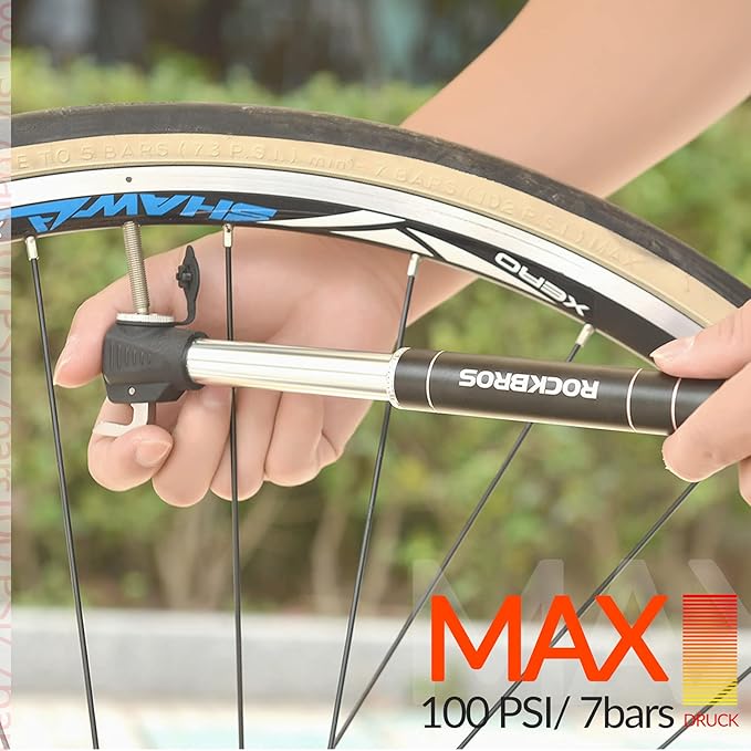 ROCKBROS mini bomba de aire para bicicleta, bomba de cuadro de aleación, 100 PSI, con válvulas (Presta y Schrader), para MTB, bicicleta de carretera y e‑bike, aprox. 17,5 cm