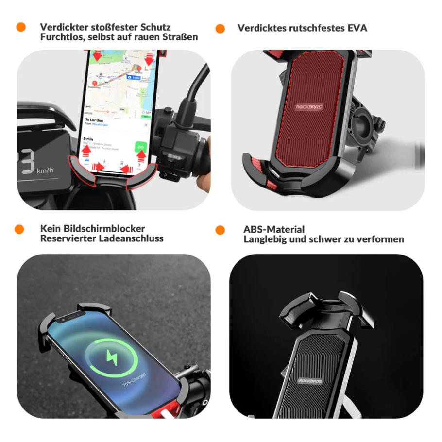 ROCKBROS Soporte Móvil Bicicleta & Moto – Rotación 360°, Antigolpes & Seguro, para Smartphones 4.7–7 Pulgadas, Fácil Instalación Material EVA Resistente Puerto de Carga Compatible con Teléfonos, Ideal E-Bike, Bicicleta de Carretera, MTB, Urbano