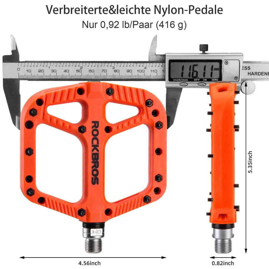 ROCKBROS Pedales MTB premium de nylon con 3 rodamientos de bolas, 9/16 inch, piquetas antideslizantes naranjas, pedales de bicicleta para MTB