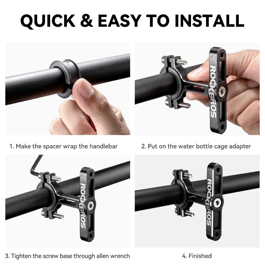 ROCKBROS soporte de botella universal para bicicleta, aleación de aluminio de alta calidad, giratorio a 90°, incluye almohadilla adaptador y goma, compatible con diámetros de 21–31,8 mm, adaptador para bicicleta y motocicleta