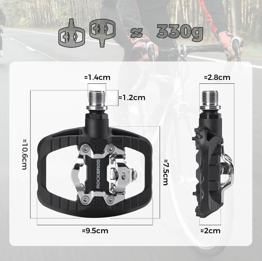 RockBros Pedal de Bicicleta de Montaña SPD Clipless Pedal y Pedal Plano 2 en 1 Incluye Tacos 9/16" con Plataforma Ancha y Pins Antideslizantes para Máxima Seguridad y Comodidad