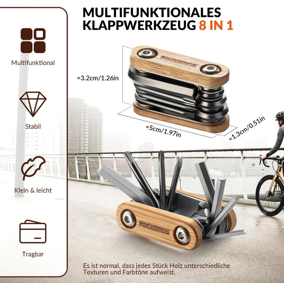 ROCKBROS Herramienta Multifunción 8 en 1 para Bicicleta – Compacta y plegable, con llave Allen, destornillador de cruz/plano y más. Ideal para viaje, reparaciones en ruta, bikepacking, MTB & CARRETERA. Resistente, ligero y siempre a mano
