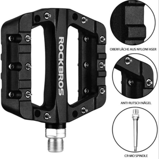 ROCKBROS Pedal de Bicicleta MTB Premium 9/16 Pulgadas con 3 Rodamientos de Bolas de Nylon Cr+Mo Acero Antideslizante Picos 10 Picos por Pedal 12x10.5x2cm Ligero y Duradero