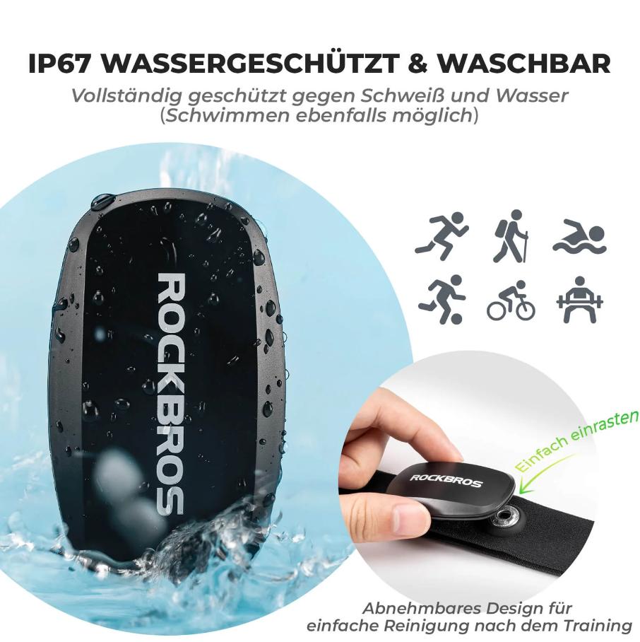 ROCKBROS IP67 monitor de frecuencia cardíaca con correa torácica impermeable, Bluetooth/Ant+, para deporte & natación, monitorización en tiempo real precisa, ultraligero 13 g