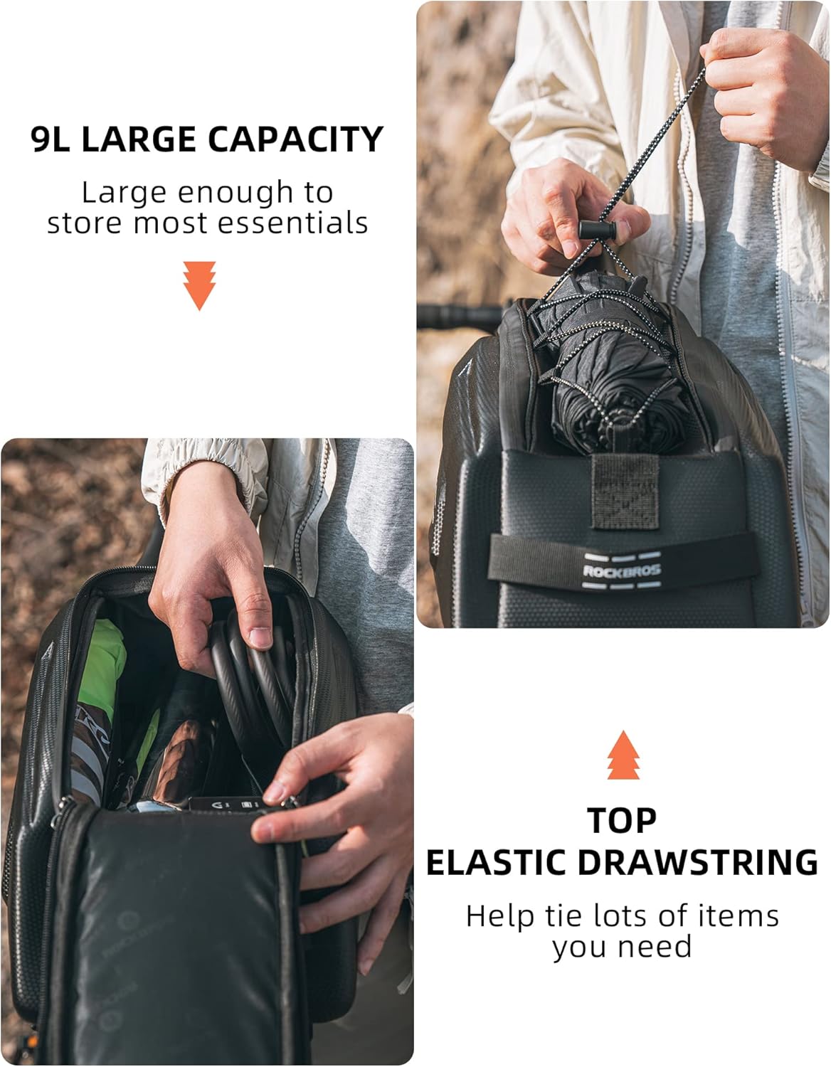 ROCKBROS Bolsa de Portaequipajes para Bicicleta 9L Impermeable con Cubierta de Lluvia y Correa de Hombro Cintas Reflectantes y 4 Correas Ajustables con Cierre de Velcro para Mayor Seguridad y Estabilidad