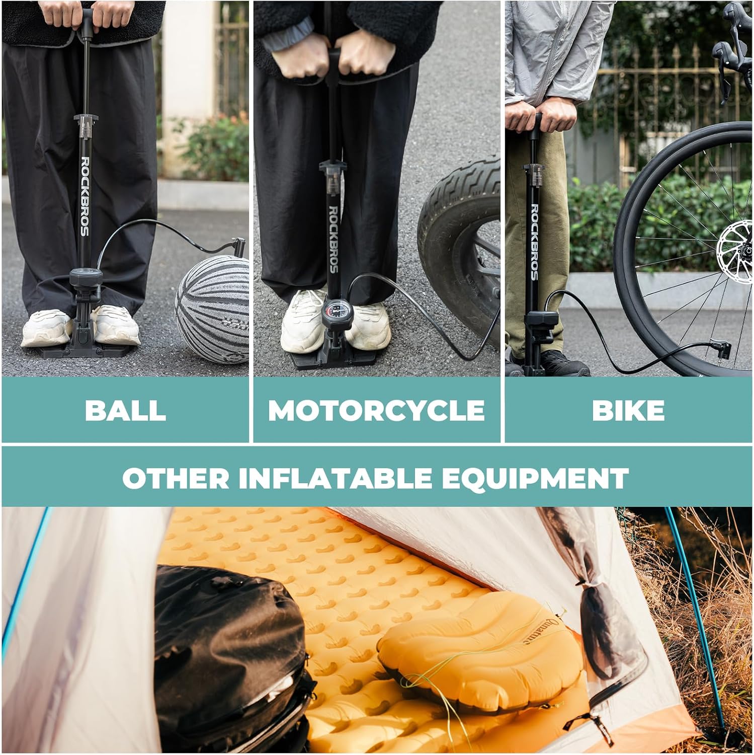 ROCKBROS Bomba de pie para bicicleta 150 PSI con manómetro, bomba de aire para bicicleta, compatible con carretera y MTB