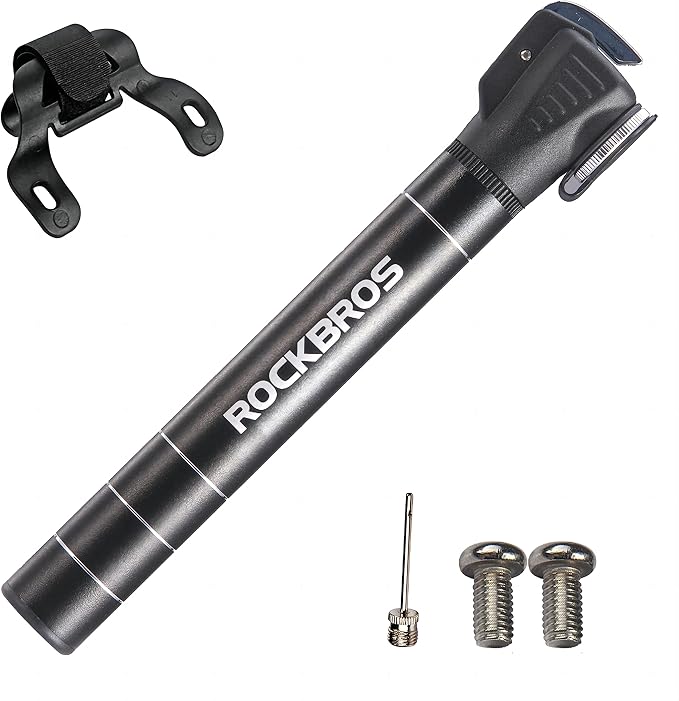 ROCKBROS mini bomba de aire para bicicleta, bomba de cuadro de aleación, 100 PSI, con válvulas (Presta y Schrader), para MTB, bicicleta de carretera y e‑bike, aprox. 17,5 cm