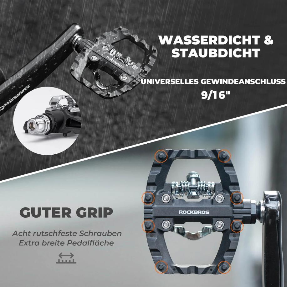RockBros Pedal de Bicicleta de Montaña SPD Clipless Pedal y Pedal Plano 2 en 1 Incluye Tacos 9/16" con Plataforma Ancha y Pins Antideslizantes para Máxima Seguridad y Comodidad