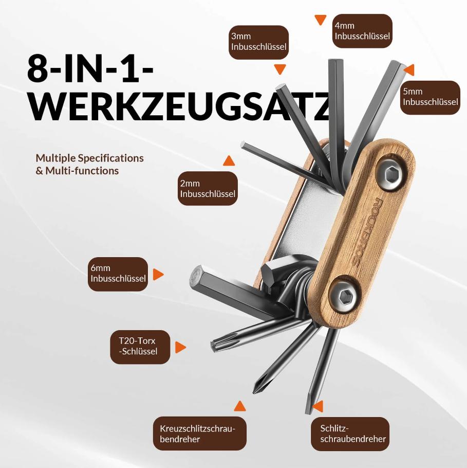 ROCKBROS Herramienta Multifunción 8 en 1 para Bicicleta – Compacta y plegable, con llave Allen, destornillador de cruz/plano y más. Ideal para viaje, reparaciones en ruta, bikepacking, MTB & CARRETERA. Resistente, ligero y siempre a mano