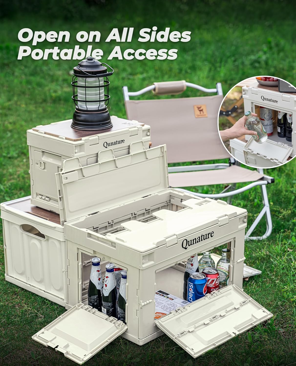 ROCKBROS Qunature caja de camping con tapa 60 L, contenedor de almacenaje plegable de PP para camping al aire libre, viajes, familia, maletero del coche, multifuncional y apilable, 2 tamaños, alta capacidad de carga, puertas cerrables, tabla de cortar ext