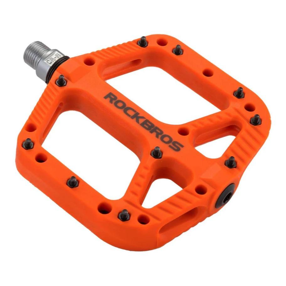 ROCKBROS Pedales MTB premium de nylon con 3 rodamientos de bolas, 9/16 inch, piquetas antideslizantes naranjas, pedales de bicicleta para MTB