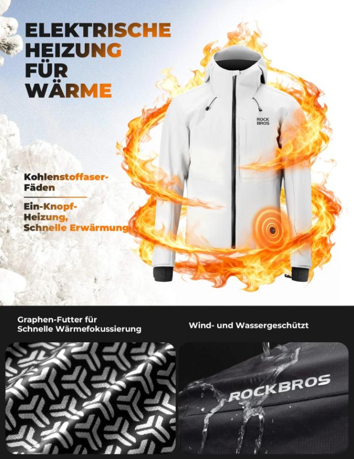 ROCKBROS Chaqueta de ciclismo con calefacción, puerto Tipo-C, sistema de calefacción integrado, puños a prueba de viento, bolsillos prácticos, apta para lavadora, para invierno y bicicleta eléctrica