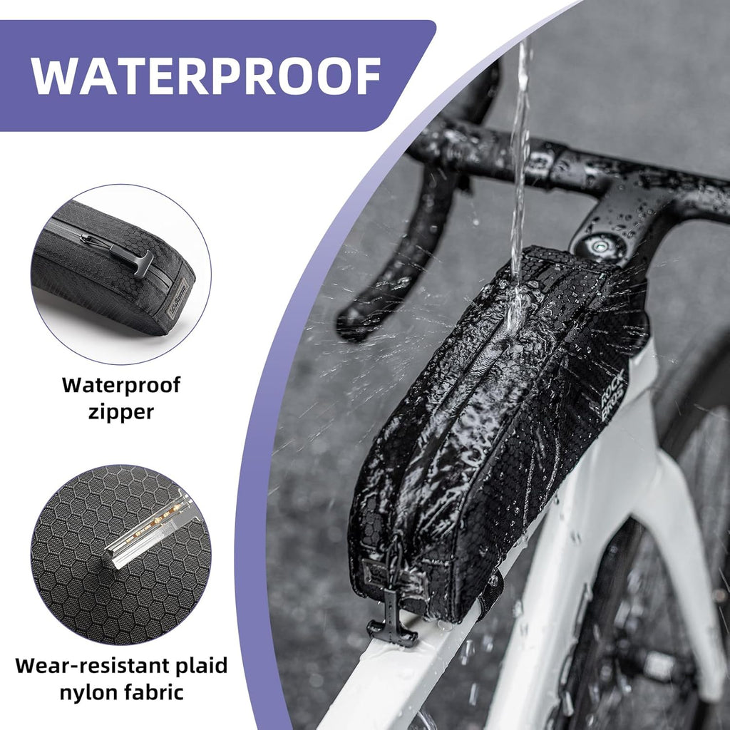 ROCKBROS Bolsa de Bicicleta para Marco Impermeable 0.9L Negro Resistente de Nylon con Rayas de Alta Reflexión para MTB y Uso Diario