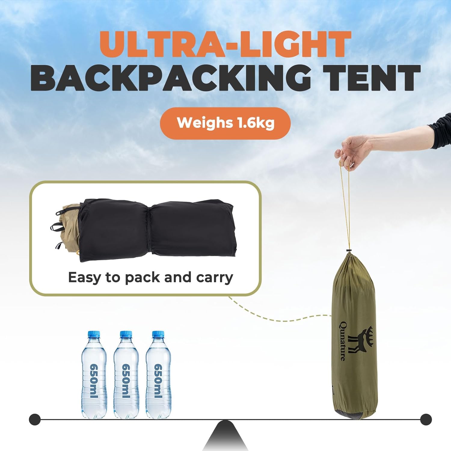 ROCKBROS Qunature tienda de campaña para 2 personas, impermeable & techo desmontable, estructura en X, ultraligera, para camping, senderismo y actividades al aire libre
