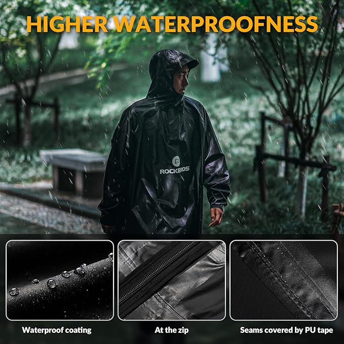 ROCKBROS Impermeable reutilizable, poncho de lluvia con capucha, chaqueta impermeable plegable, multiusos para bicicleta, camping, senderismo y pesca, para hombres y mujeres