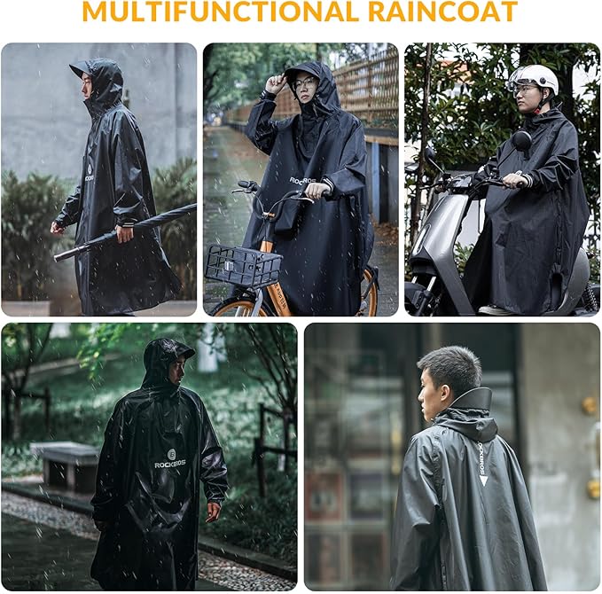 ROCKBROS Impermeable reutilizable, poncho de lluvia con capucha, chaqueta impermeable plegable, multiusos para bicicleta, camping, senderismo y pesca, para hombres y mujeres