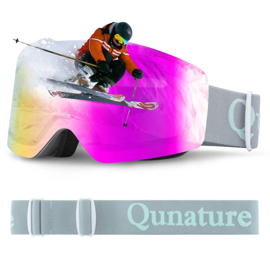 ROCKBROS Qunature UV400 gafas de esquí antivaho sin montura con visión panorámica, recubrimiento HD antirreflejos, acolchado de espuma cómodo, correa ajustable, negro, rosa-verde, rosa pasa montañas