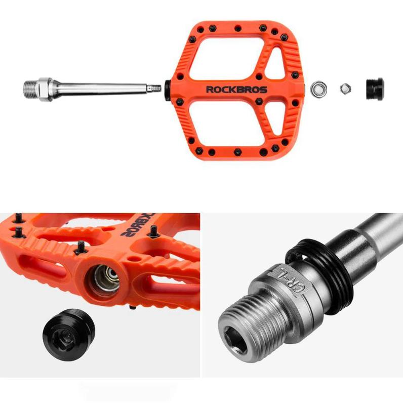 ROCKBROS Pedales MTB premium de nylon con 3 rodamientos de bolas, 9/16 inch, piquetas antideslizantes naranjas, pedales de bicicleta para MTB