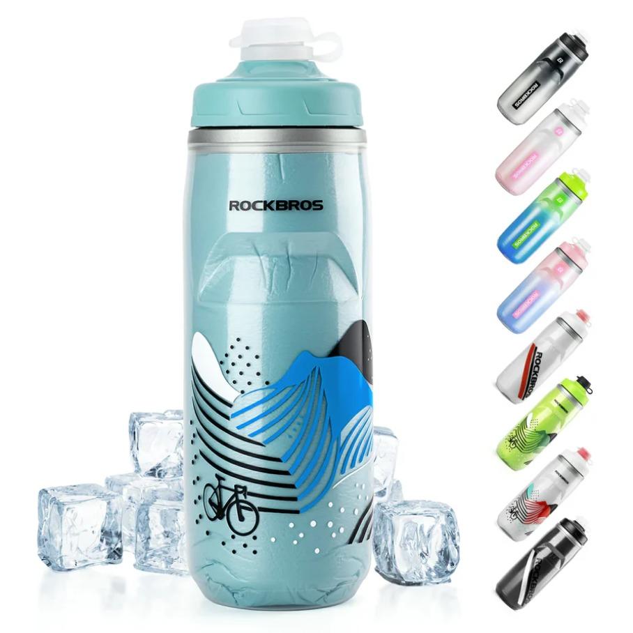 ROCKBROS botella de agua para bicicleta 620 ml, botella deportiva con función de enfriamiento durante 5 horas, sin BPA y a prueba de fugas, ideal para viajes en bicicleta y desplazamientos por negocios