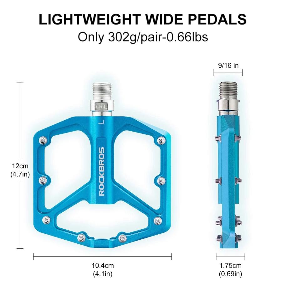 ROCKBROS Pedal de Aluminio 9/16 inch con Plataforma Ancha de 104mm y Super Agarre 8 Puntas de Acero Inoxidable CNC Precisión para MTB E-Bike & Bicicleta Urbana
