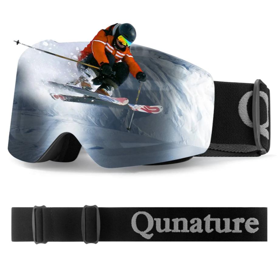 ROCKBROS Qunature UV400 gafas de esquí antivaho sin montura con visión panorámica, recubrimiento HD antirreflejos, acolchado de espuma cómodo, correa ajustable, negro, rosa-verde, rosa pasa montañas