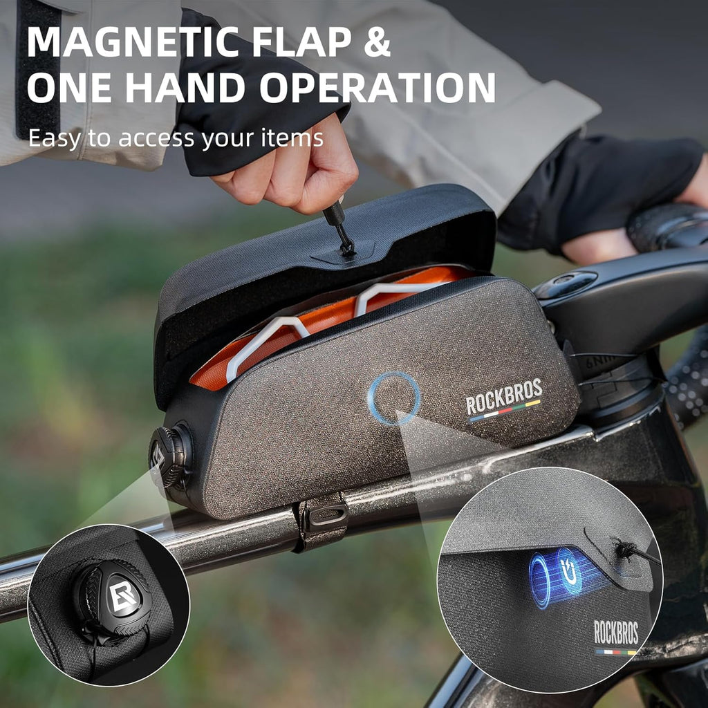 ROCKBROS ROAD TO SKY Bolsa de Alforja Superior Magnética 100% Impermeable con Diseño de Tapa Plegable Magnética 600D Poliéster Revestimiento TPU 0.6L & 0.9L Capacidad para Ciclismo-Ciclismo Protección de Marco de Bicicleta & Estable