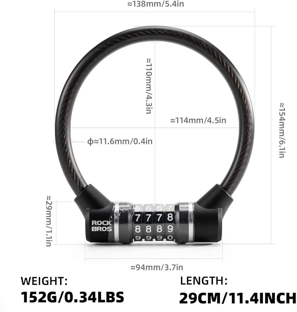 Cierro de bicicleta ROCKBROS con código numérico, cierre de cuerda de acero de 11,62 mm de grosor, ligero y compacto, candado de combinación de 4 dígitos para bicicleta de carretera, patinete, monopatín, e‑bike, gravel y motocicleta
