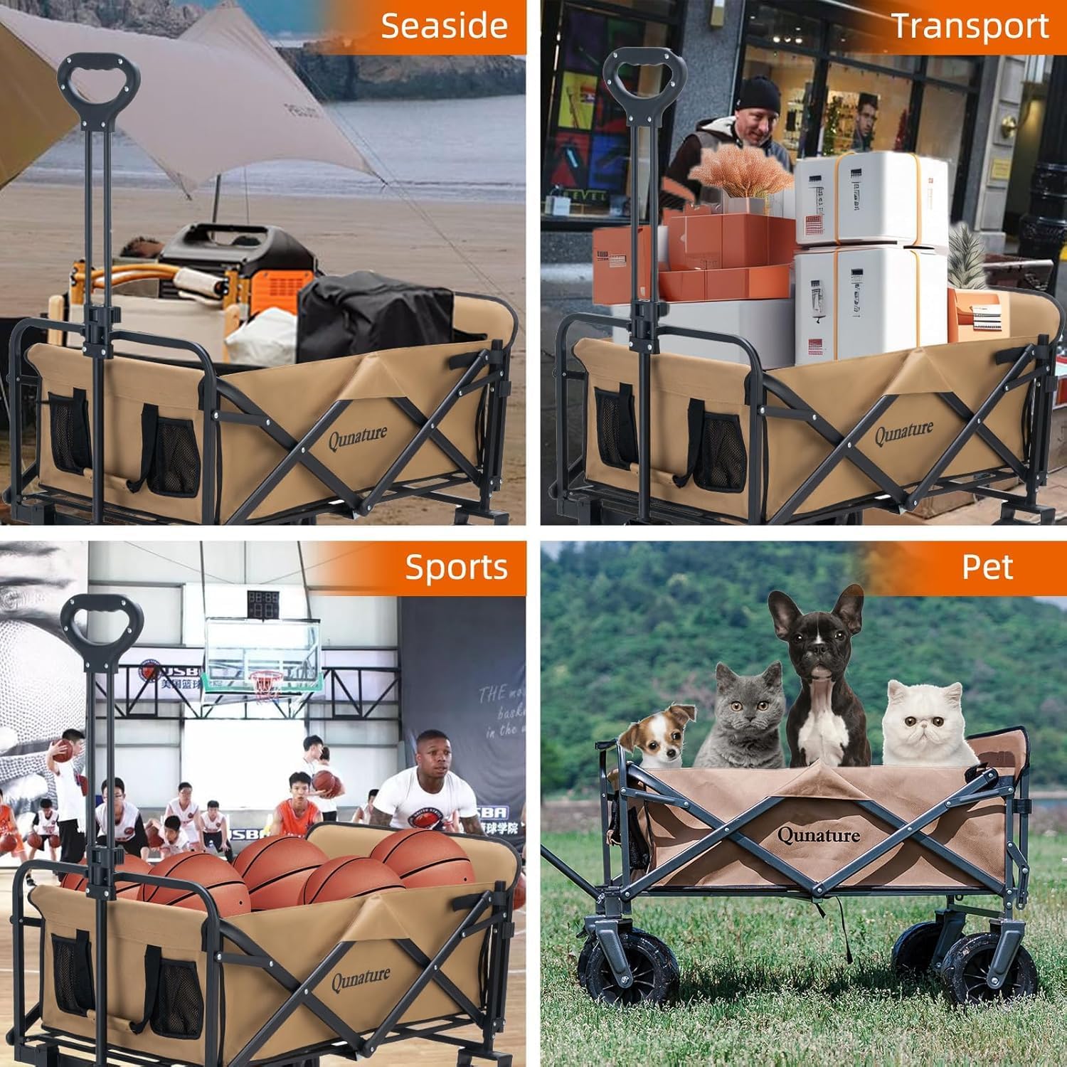 ROCKBROS Qunature carro plegable con capacidad de carga de 150 kg, capacidad de 150 L, carro de compras multiusos resistente para playa, compras, picnic, negro/marrón