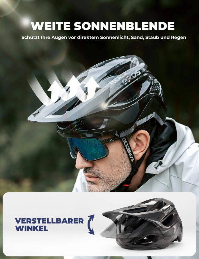 ROCKBROS casco de bicicleta certificado CE con 16 aberturas de aire y sistema de ventilación, protección contra impactos certificada, visera amplia, forro interior desmontable, ajustable para jóvenes y adultos