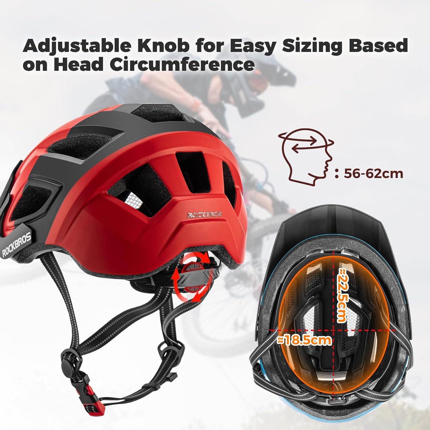 ROCKBROS casco de bicicleta certificado CE, casco de seguridad para hombres y mujeres, compatible con MTB y carretera, accesorios, talla única 56–62 cm