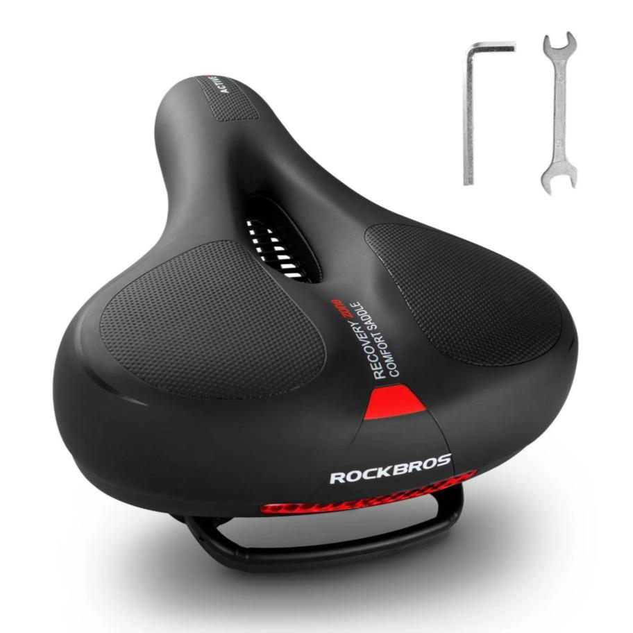 ROCKBROS sillín de espuma viscoelástica anti dolor para bicicleta, 26 x 22 cm, cuero PU impermeable y espuma viscoelástica transpirable y antideslizante, máximo confort para MTB, bicicleta de carretera y e‑bike, diseño reflectante